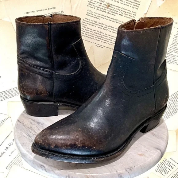 Free People Frye Billy Inside Zip Boot Distressed Black Leather Pointy Toe - Picture 9 of 13